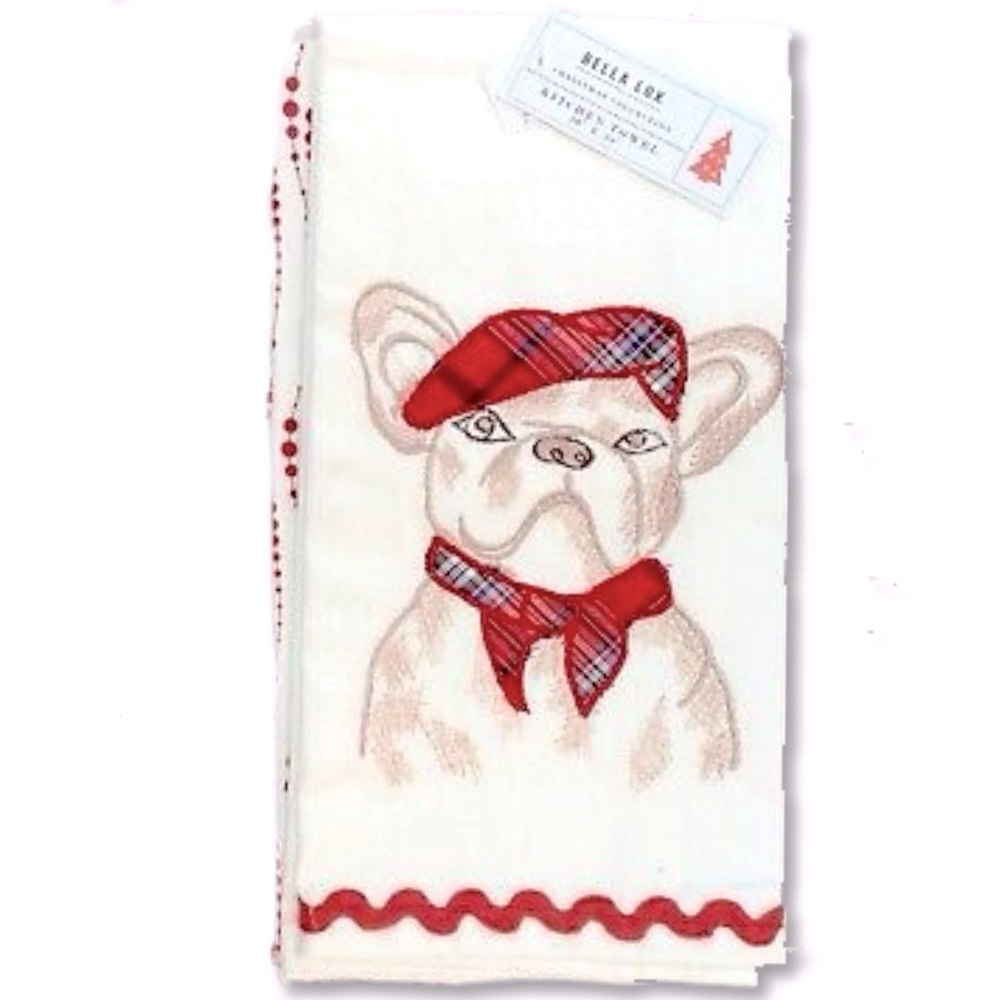 2pk Embroidered Hand Towels ◈ Frenchie Holiday Plaid Beret